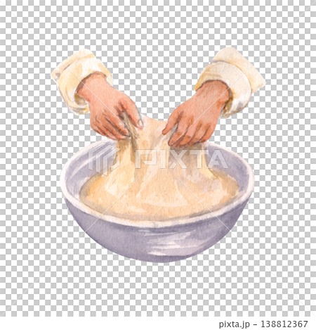 Hands stretch and fold dough in bowl, sourdough baking process watercolor illustration isolated on white, homemade bread preparation in rustic kitchen, culinary concept for recipes, bakery, food 138812367