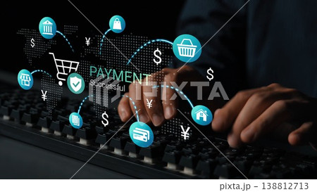 Hands typing on keyboard with digital payment icons and successful transaction notification on sleek black background of online shopping and finance concept Gluon Hands typing on keyboard with digital payment icons and successful transaction notification on sleek black background of online shopping and finance concept Gluon 138812713