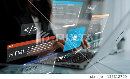 Modern Workspace with Laptop and Digital Overlays Showcasing HTML, AI, and DevOps Technologies in a Professional Environment Gluon 138812790