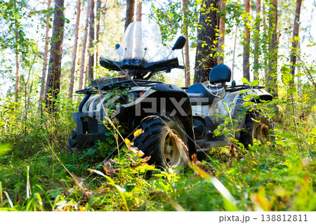 quad bike among tall grass and trees on a sunny day in the forest. Side view quad bike among tall grass and trees on a sunny day in the forest. Side view 138812811
