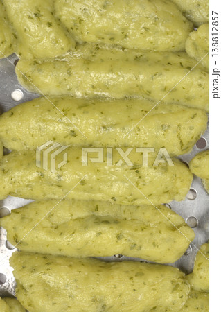 Homemade Green Potato and Arugula Gnocchi in Steamer Homemade Green Potato and Arugula Gnocchi in Steamer 138812857