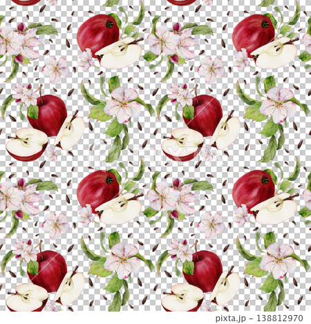 Seamless watercolor pattern with red apples, apple blossoms, slices and seeds, hand painted repeating fruit background isolated on white, decorative design for food packaging, textile and fabric Seamless watercolor pattern with red apples, apple blossoms, slices and seeds, hand painted repeating fruit background isolated on white, decorative design for food packaging, textile and fabric 138812970