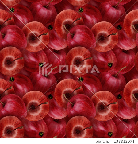 Seamless watercolor pattern with overlapping red apples, hand painted repeating fruit background with rich texture, decorative food design ideal for packaging, textile, fabric and kitchen decor 138812971