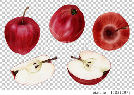 Watercolor red apple collection with whole fruit and slices, hand painted botanical food illustration isolated on white background, design elements for packaging, labels, menus and juice branding Watercolor red apple collection with whole fruit and slices, hand painted botanical food illustration isolated on white background, design elements for packaging, labels, menus and juice branding 138812972