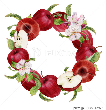 Watercolor wreath with red apples, slices, blossom flowers and green leaves forming round fruit frame with copy space, botanical composition isolated on white for juice labels and food packaging Watercolor wreath with red apples, slices, blossom flowers and green leaves forming round fruit frame with copy space, botanical composition isolated on white for juice labels and food packaging 138812973