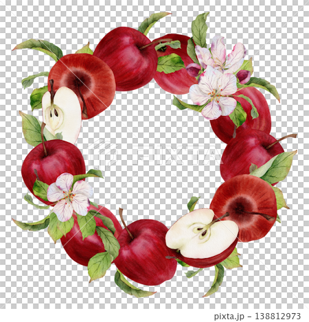 Watercolor wreath with red apples, slices, blossom flowers and green leaves forming round fruit frame with copy space, botanical composition isolated on white for juice labels and food packaging Watercolor wreath with red apples, slices, blossom flowers and green leaves forming round fruit frame with copy space, botanical composition isolated on white for juice labels and food packaging 138812973