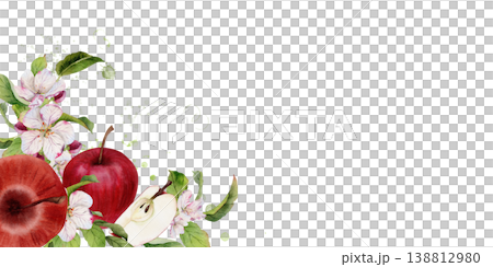 Hand painted watercolor apple composition with red apples, slices, blossom flowers and green leaves, botanical design isolated on white for juice packaging, jam labels and food branding Hand painted watercolor apple composition with red apples, slices, blossom flowers and green leaves, botanical design isolated on white for juice packaging, jam labels and food branding 138812980