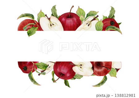 Watercolor red apples with slices and green leaves forming horizontal fruit borders with copy space, decorative botanical composition isolated on white background for juice packaging and food design 138812981