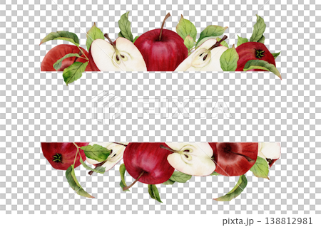 Watercolor red apples with slices and green leaves forming horizontal fruit borders with copy space, decorative botanical composition isolated on white background for juice packaging and food design Watercolor red apples with slices and green leaves forming horizontal fruit borders with copy space, decorative botanical composition isolated on white background for juice packaging and food design 138812981