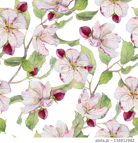 Seamless watercolor pattern with apple tree branches, blossoms, buds and green leaves on light background, hand painted botanical spring repeat ideal for textile, wallpaper, stationery and packaging Seamless watercolor pattern with apple tree branches, blossoms, buds and green leaves on light background, hand painted botanical spring repeat ideal for textile, wallpaper, stationery and packaging 138812982