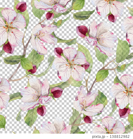 Seamless watercolor pattern with apple tree branches, blossoms, buds and green leaves on light background, hand painted botanical spring repeat ideal for textile, wallpaper, stationery and packaging Seamless watercolor pattern with apple tree branches, blossoms, buds and green leaves on light background, hand painted botanical spring repeat ideal for textile, wallpaper, stationery and packaging 138812982