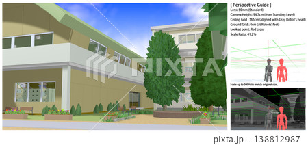 学校の景色：運動場・中庭から撮影した各種アングル（アニメの背景画に便利なパースガイドデータ付きです） 138812987