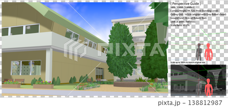 学校の景色：運動場・中庭から撮影した各種アングル（アニメの背景画に便利なパースガイドデータ付きです） 138812987