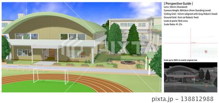 学校の景色:運動場・中庭から撮影した各種アングル(アニメの背景画に便利なパースガイドデータ付きです) 学校の景色:運動場・中庭から撮影した各種アングル(アニメの背景画に便利なパースガイドデータ付きです) 138812988
