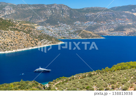 A panoramic scene with deep blue sea and luxury yacht 138813038