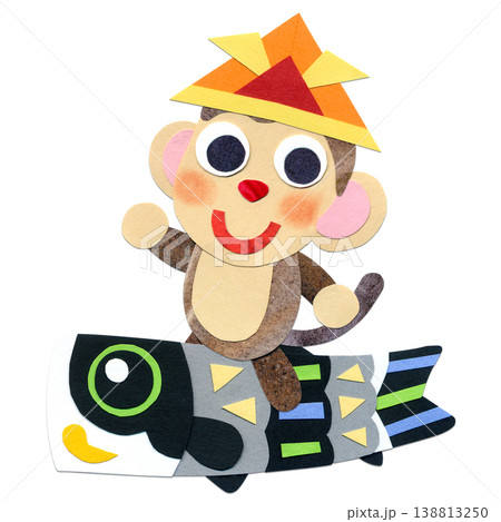 こどもの日  こいのぼり真鯉に乗る子ザル 貼り絵キャラクターイラストA 138813250