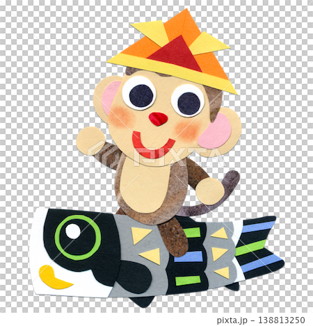 こどもの日  こいのぼり真鯉に乗る子ザル 貼り絵キャラクターイラストA 138813250
