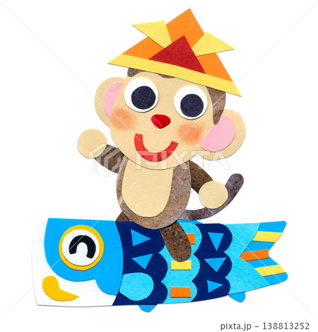 こどもの日  こいのぼり子鯉に乗る子ザル 貼り絵キャラクターイラストA 138813252