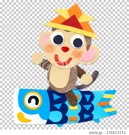 こどもの日  こいのぼり子鯉に乗る子ザル 貼り絵キャラクターイラストA 138813252