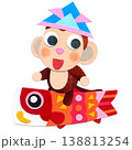 こどもの日  こいのぼり緋鯉に乗る子ザル 貼り絵キャラクターイラストB 138813254
