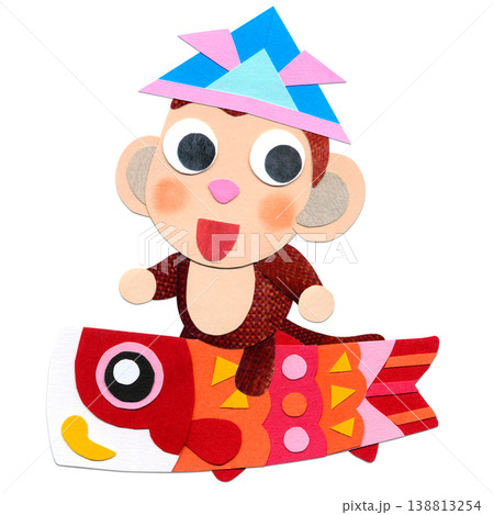 こどもの日  こいのぼり緋鯉に乗る子ザル 貼り絵キャラクターイラストB 138813254