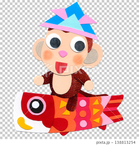 こどもの日  こいのぼり緋鯉に乗る子ザル 貼り絵キャラクターイラストB 138813254