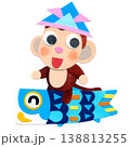 こどもの日  こいのぼり子鯉に乗る子ザル 貼り絵キャラクターイラストB 138813255