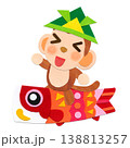 こどもの日  こいのぼり緋鯉に乗る子ザル 貼り絵キャラクターイラストC 138813257