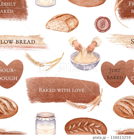 Artisan bread seamless watercolor pattern with lettering, sourdough, wheat, dough, brush strokes, textures, hand painted bakery design for packaging, wrapping paper, branding, labels, rustic style 138813259