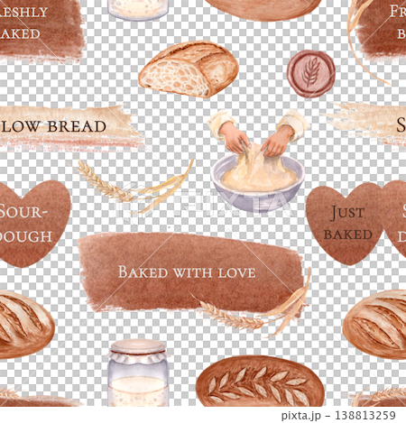 Artisan bread seamless watercolor pattern with lettering, sourdough, wheat, dough, brush strokes, textures, hand painted bakery design for packaging, wrapping paper, branding, labels, rustic style 138813259