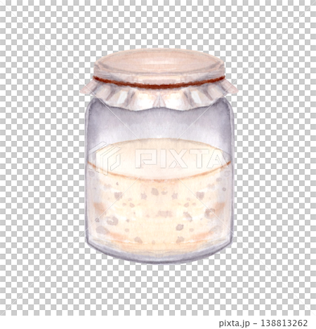Sourdough starter in glass jar, fermentation illustration watercolor isolated on white, natural bread culture with bubbles, homemade baking concept for artisan bakery, cooking, recipes, food design 138813262