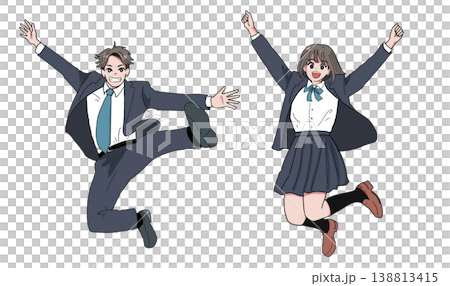 大ジャンプ!笑顔で喜ぶ制服の男子女子高校生(青春、合格、卒業、元気)透過背景 大ジャンプ!笑顔で喜ぶ制服の男子女子高校生(青春、合格、卒業、元気)透過背景 138813415