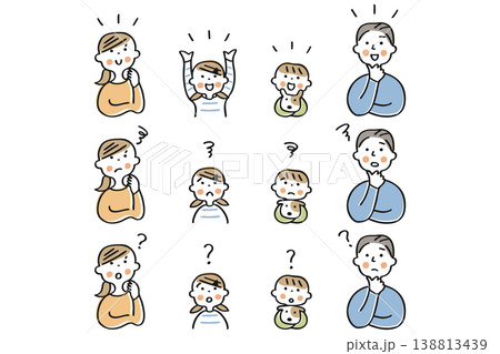4人家族のリアクションセット　バリエーション笑顔、不満、はてな 138813439