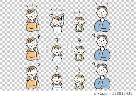4人家族のリアクションセット　バリエーション笑顔、不満、はてな 138813439