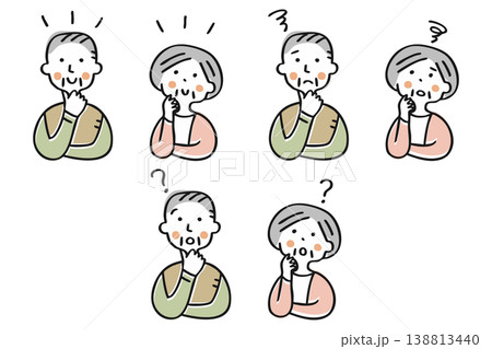 高齢な男女のリアクションセット　バリエーション笑顔、不満、はてな 138813440