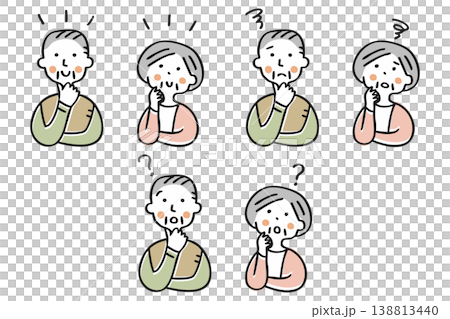 高齢な男女のリアクションセット　バリエーション笑顔、不満、はてな 138813440