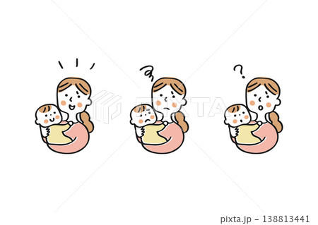 母親と赤ちゃん親子のリアクションセット バリエーション笑顔、不満、はてな 母親と赤ちゃん親子のリアクションセット バリエーション笑顔、不満、はてな 138813441