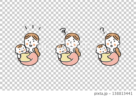 母親と赤ちゃん親子のリアクションセット バリエーション笑顔、不満、はてな 母親と赤ちゃん親子のリアクションセット バリエーション笑顔、不満、はてな 138813441