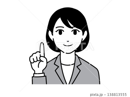 指さしポーズで説明するスーツ姿の若い女性のイラスト モノトーン 指さしポーズで説明するスーツ姿の若い女性のイラスト モノトーン 138813555
