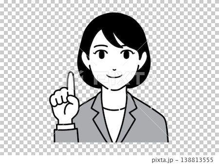 指さしポーズで説明するスーツ姿の若い女性のイラスト モノトーン 指さしポーズで説明するスーツ姿の若い女性のイラスト モノトーン 138813555