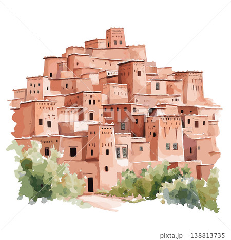 Ait Benhaddou. Ait Benhaddou hand drawn watercolor illustration on white background 138813735
