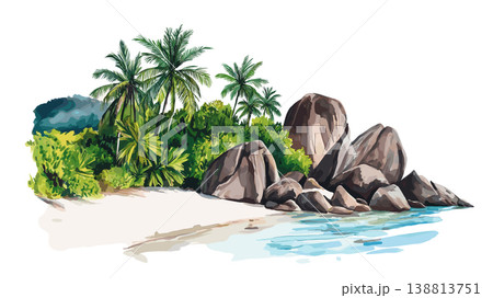 Anse Source dArgent. Anse Source dArgent hand drawn watercolor illustration on white background Anse Source dArgent. Anse Source dArgent hand drawn watercolor illustration on white background 138813751