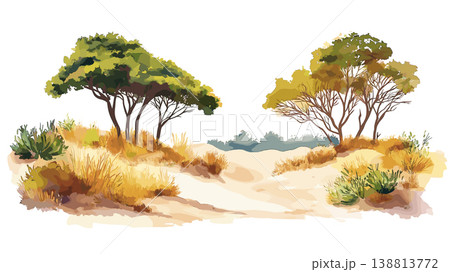 Bazaruto Dunes. Bazaruto Dunes hand drawn watercolor illustration on white background 138813772