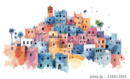 Casbah of Algiers. Casbah of Algiers hand drawn watercolor illustration on white background 138813805