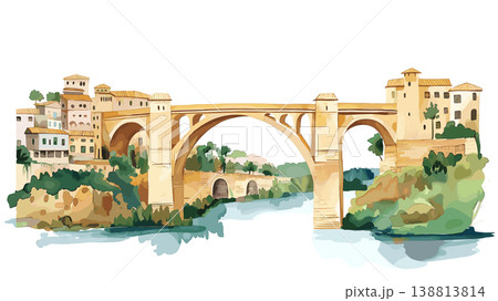 Constantine Bridge City. Constantine Bridge City hand drawn watercolor illustration on white background Constantine Bridge City. Constantine Bridge City hand drawn watercolor illustration on white background 138813814