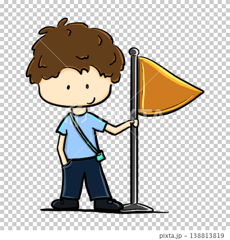 Tour guide boy with crossbody bag holding a flag cartoon illustration Tour guide boy with crossbody bag holding a flag cartoon illustration 138813819