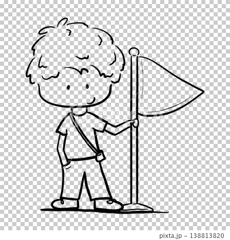 Tour guide boy with crossbody bag holding a flag cartoon outline illustration Tour guide boy with crossbody bag holding a flag cartoon outline illustration 138813820