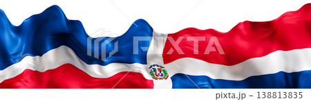 Stylized flag of Dominican Republic waving in wind, on transparent background. Footer, header, divider. Cut out wide panoramic element. Banner for patriotic themes or national event promotions. 3D. Stylized flag of Dominican Republic waving in wind, on transparent background. Footer, header, divider. Cut out wide panoramic element. Banner for patriotic themes or national event promotions. 3D. 138813835
