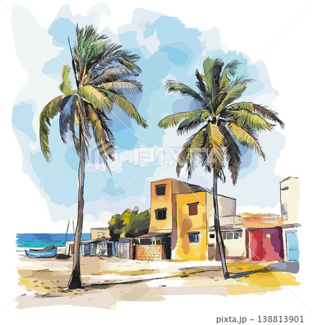 Dakar. Dakar hand drawn watercolor illustration on white background Dakar. Dakar hand drawn watercolor illustration on white background 138813901