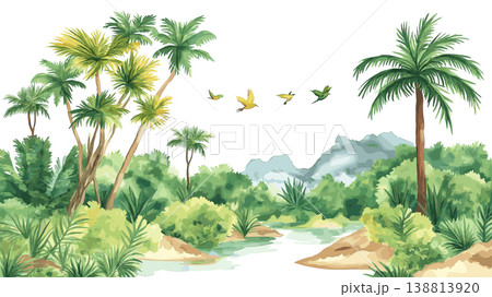 Djoudj National Bird Sanctuary. Djoudj National Bird Sanctuary hand drawn watercolor illustration on white background 138813920